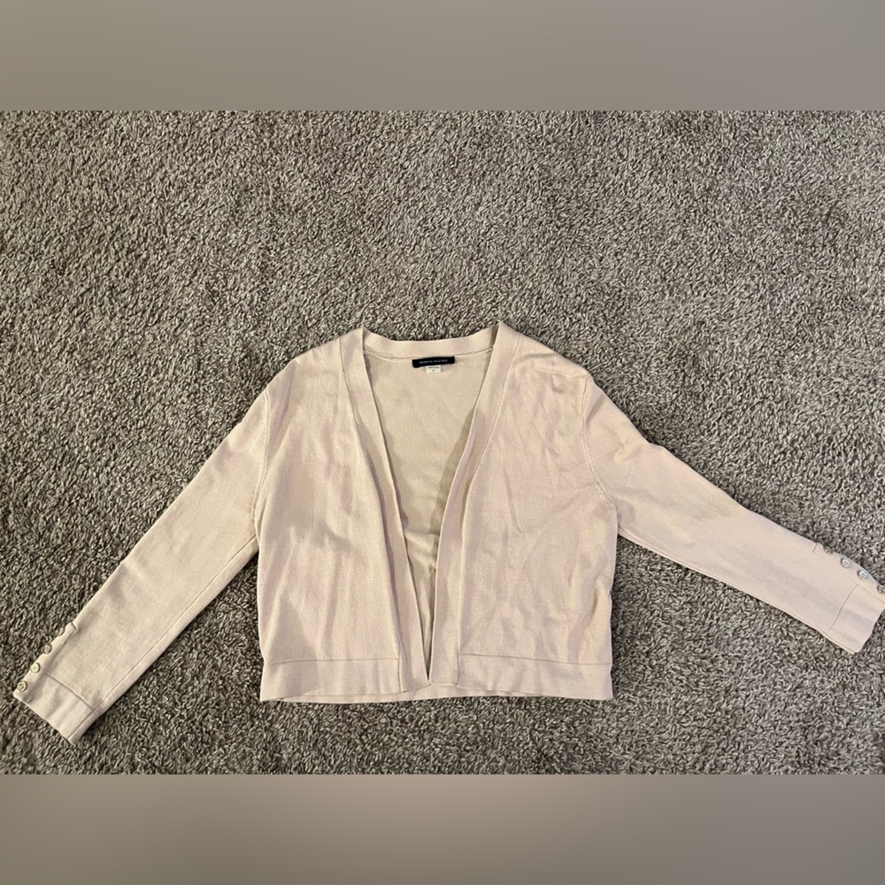 Tan cropped cardigan, business casual